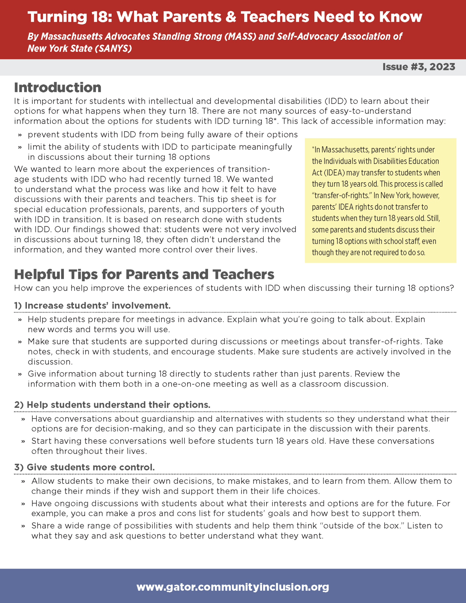 Preview of the first page for a tip sheet to help parents and teachers support individuals with IDD when they're turning 18