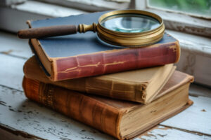 Retro magnifying glass on the top of old books