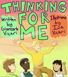 Cover to an audio story illustrated like a comic with the title "Thinking for me"