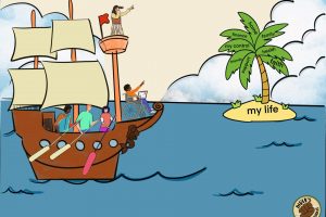 A group of people on a ship point toward an island that has a palm team. The palm tree is labeled "my life," with the leaves labeled home, family, support, health, faith, friends, finance, and my control.